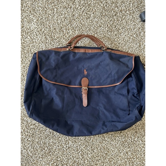 Vintage Polo Ralph Lauren Navy Brown Duffle Bag Canvas Weekend Travel Pony Logo - Picture 1 of 4